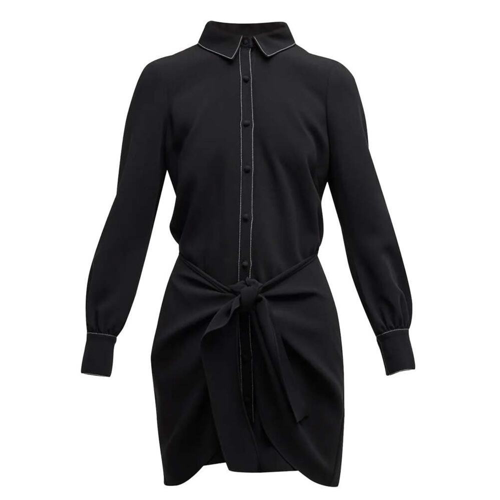 Cinq a Sept Gaby Tie Waist Topstitched Crepe Mini Dress Black Long Sleeve 0